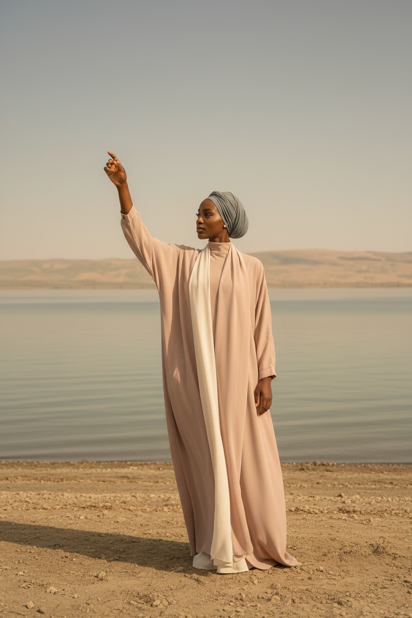 Dusty pink abaya - arm raised to sky