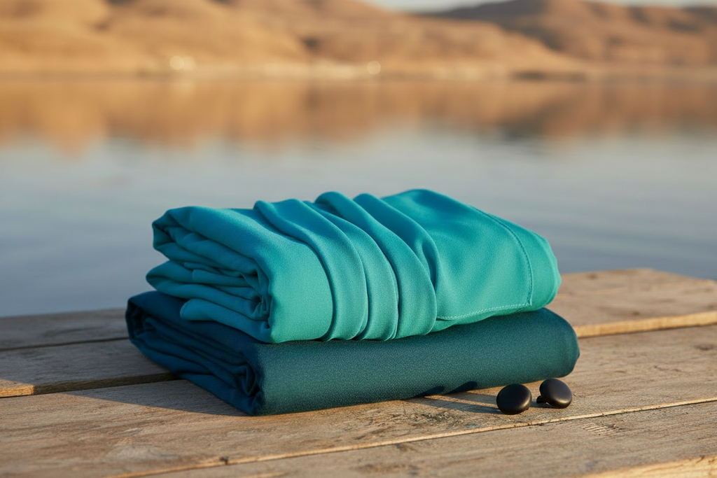 Folded hijabs with matte black pins at Sea of Galilee