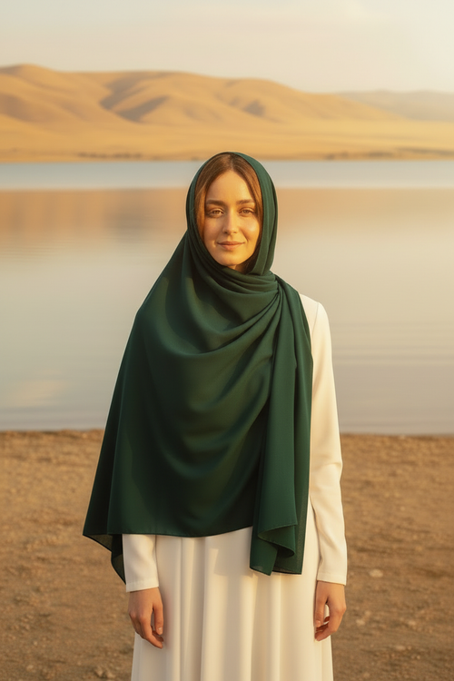 Green hijab - arms down at Sea of Galilee