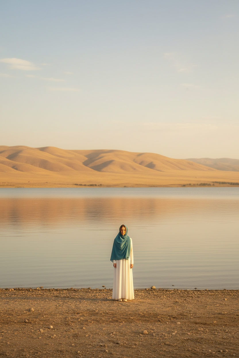 Teal hijab wide shot at Sea of Galilee