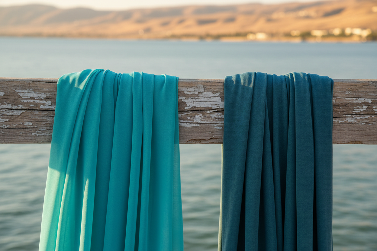 Turquoise chiffon and teal jersey on wooden beam